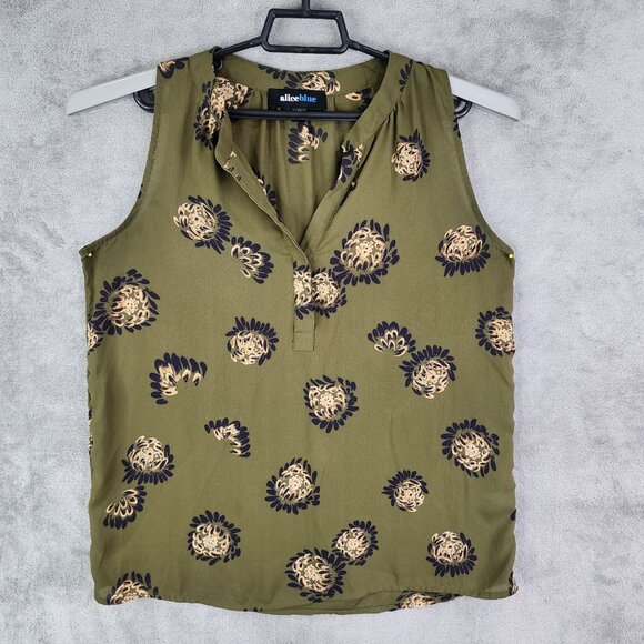 Women's Alice Blue Blouse Top Green & Black Floral Sleeveless V Neck Size M - Picture 2 of 9
